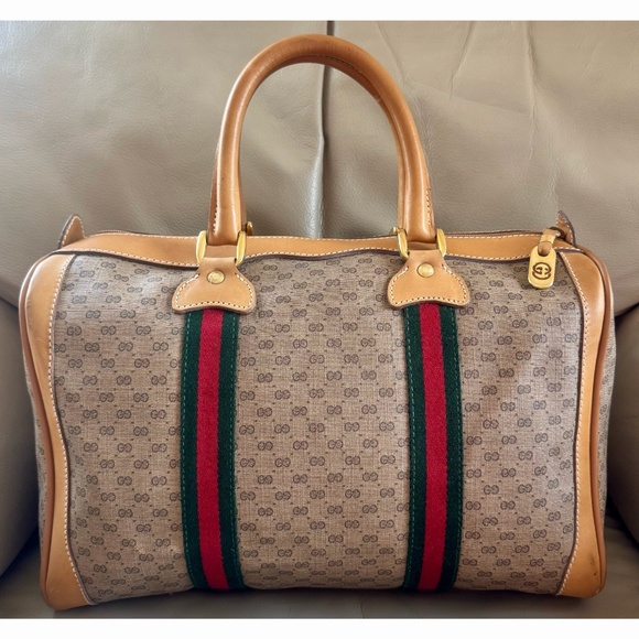 Certified Authentic Vintage Gucci Boston Web Micro GG Canvas Tan Leather Bag - Picture 2 of 14